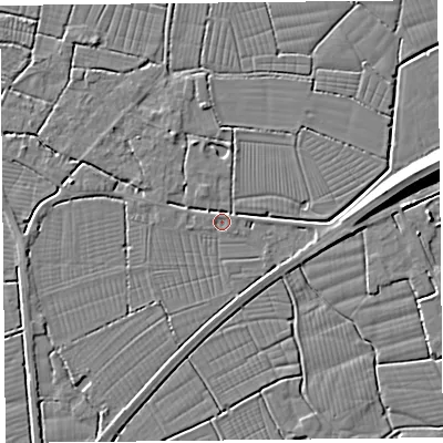 Shaded relief map of the ground around TA94HX, computed from Environment Agency LiDAR. The ground here sits at about 6 m above sea level and falls 9 m across the surrounding 800 m. Surface water reaching this point runs off ground lying to the south-west, 1.1 m higher.