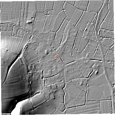 Shaded relief map of the ground around TA94HY, computed from Environment Agency LiDAR. The ground here sits at about 6 m above sea level and falls 30 m across the surrounding 800 m. Surface water reaching this point runs off ground lying to the south-south-west, 0.7 m higher.