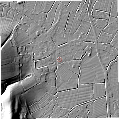 Shaded relief map of the ground around TA94JB, computed from Environment Agency LiDAR. The ground here sits at about 6 m above sea level and falls 40 m across the surrounding 800 m. Surface water reaching this point runs off ground lying to the south-west, 6.6 m higher.