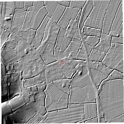 Shaded relief map of the ground around TA94JD, computed from Environment Agency LiDAR. The ground here sits at about 6 m above sea level and falls 25 m across the surrounding 800 m. Surface water reaching this point runs off ground lying to the east-south-east, 0.6 m higher.