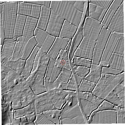 Shaded relief map of the ground around TA94JE, computed from Environment Agency LiDAR. The ground here sits at about 6 m above sea level and falls 7 m across the surrounding 800 m. Surface water reaching this point runs off ground lying to the west-south-west, 0.9 m higher.