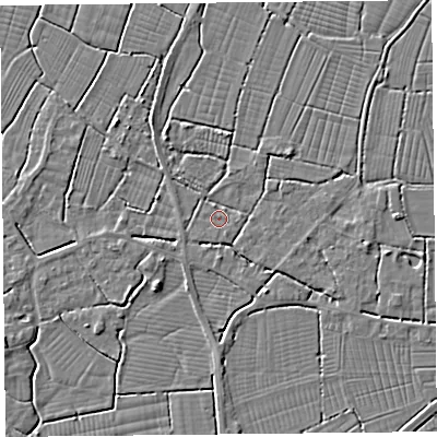 Shaded relief map of the ground around TA94JF, computed from Environment Agency LiDAR. The ground here sits at about 6 m above sea level and falls 3 m across the surrounding 800 m. Surface water reaching this point runs off ground lying to the north-east, 2.2 m higher.