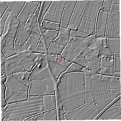 Shaded relief map of the ground around TA94JG, computed from Environment Agency LiDAR. The ground here sits at about 6 m above sea level and falls 3 m across the surrounding 800 m. Surface water reaching this point runs off ground lying to the west-north-west, 0.8 m higher.