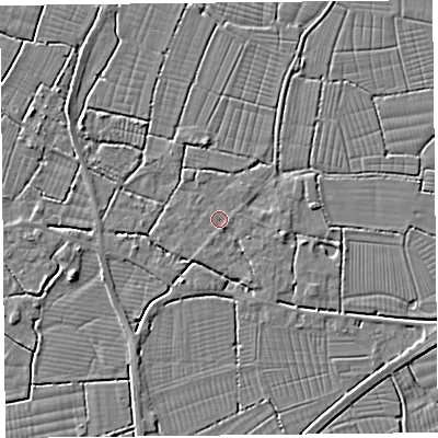 Shaded relief map of the ground around TA94JH, computed from Environment Agency LiDAR. The ground here sits at about 6 m above sea level and falls 3 m across the surrounding 800 m. Surface water reaching this point runs off ground lying to the south-south-west, 1.1 m higher.
