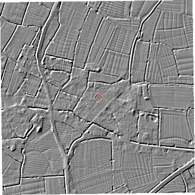 Shaded relief map of the ground around TA94JJ, computed from Environment Agency LiDAR. The ground here sits at about 6 m above sea level and falls 3 m across the surrounding 800 m. Surface water reaching this point runs off ground lying to the south-south-west, 0.7 m higher.