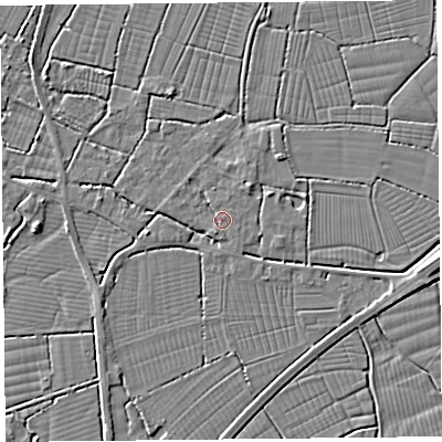Shaded relief map of the ground around TA94JL, computed from Environment Agency LiDAR. The ground here sits at about 6 m above sea level and falls 4 m across the surrounding 800 m. Surface water reaching this point runs off ground lying to the south-south-west, 1.8 m higher.