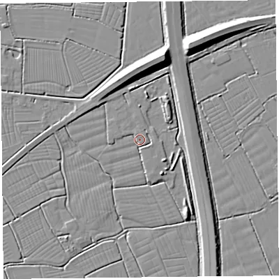 Shaded relief map of the ground around TA94JN, computed from Environment Agency LiDAR. The ground here sits at about 6 m above sea level and falls 10 m across the surrounding 800 m. Surface water reaching this point runs off ground lying to the south-east, 1.9 m higher.