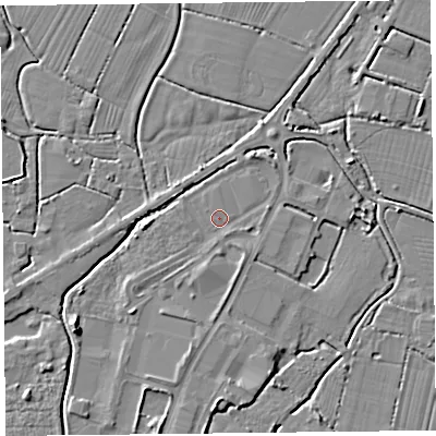 Shaded relief map of the ground around TA94JP, computed from Environment Agency LiDAR. The ground here sits at about 6 m above sea level and falls 6 m across the surrounding 800 m. Surface water reaching this point runs off ground lying to the north-north-east, 2.8 m higher.