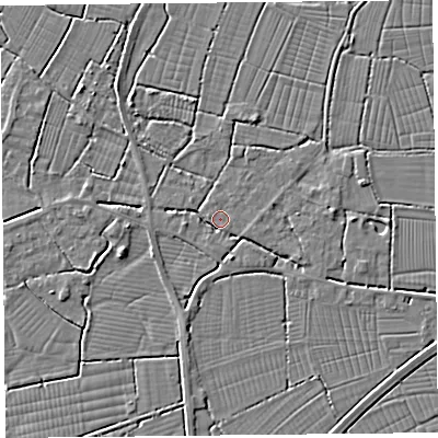 Shaded relief map of the ground around TA94JQ, computed from Environment Agency LiDAR. The ground here sits at about 6 m above sea level and falls 3 m across the surrounding 800 m. Surface water reaching this point runs off ground lying to the south-east, 1.8 m higher.