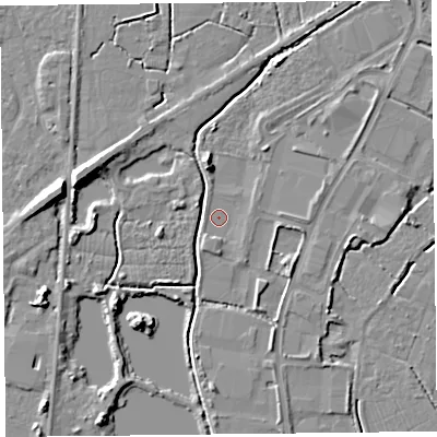 Shaded relief map of the ground around TA94JR, computed from Environment Agency LiDAR. The ground here sits at about 5 m above sea level and falls 8 m across the surrounding 800 m. Surface water reaching this point runs off ground lying to the north-east, 2.1 m higher.