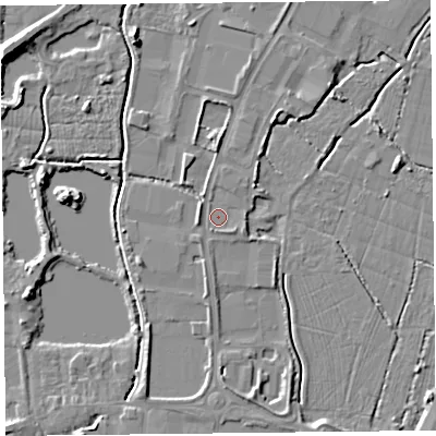 Shaded relief map of the ground around TA94JS, computed from Environment Agency LiDAR. The ground here sits at about 6 m above sea level and falls 8 m across the surrounding 800 m. Surface water reaching this point runs off ground lying to the east, 1.1 m higher.