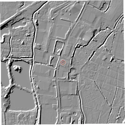 Shaded relief map of the ground around TA94JT, computed from Environment Agency LiDAR. The ground here sits at about 6 m above sea level and falls 8 m across the surrounding 800 m. Surface water reaching this point runs off ground lying to the north-north-west, 0.6 m higher.