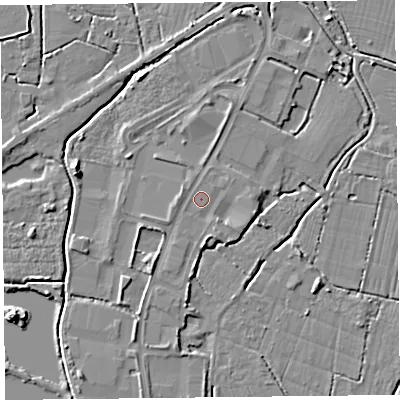 Shaded relief map of the ground around TA94JU, computed from Environment Agency LiDAR. The ground here sits at about 6 m above sea level and falls 6 m across the surrounding 800 m. Surface water reaching this point runs off ground lying to the south-south-east, 1.5 m higher.