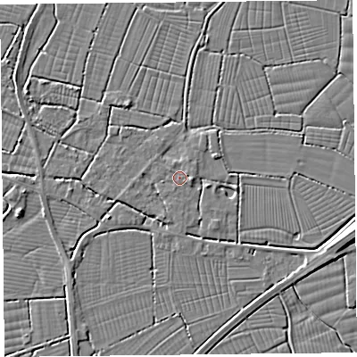 Shaded relief map of the ground around TA94JW, computed from Environment Agency LiDAR. The ground here sits at about 6 m above sea level and falls 5 m across the surrounding 800 m. Surface water reaching this point runs off ground lying to the east, 1.3 m higher.