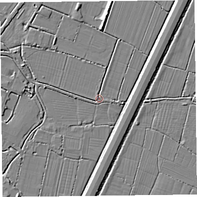 Shaded relief map of the ground around TA94JZ, computed from Environment Agency LiDAR. The ground here sits at about 6 m above sea level and falls 6 m across the surrounding 800 m. The ground contributing surface water to this point lies to the east-south-east.