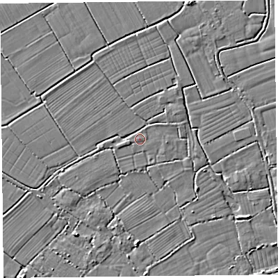 Shaded relief map of the ground around TA94LA, computed from Environment Agency LiDAR. The ground here sits at about 6 m above sea level and falls 3 m across the surrounding 800 m. Surface water reaching this point runs off ground lying to the north-east, 1.4 m higher.