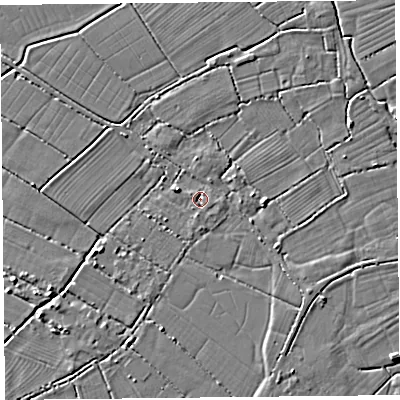 Shaded relief map of the ground around TA94LB, computed from Environment Agency LiDAR. The ground here sits at about 5 m above sea level and falls 3 m across the surrounding 800 m. Surface water reaching this point runs off ground lying to the south, 1.2 m higher.
