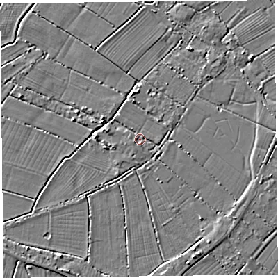 Shaded relief map of the ground around TA94LD, computed from Environment Agency LiDAR. The ground here sits at about 5 m above sea level and falls 4 m across the surrounding 800 m. Surface water reaching this point runs off ground lying to the north, 2.2 m higher.