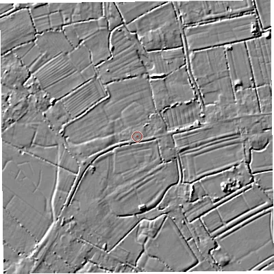 Shaded relief map of the ground around TA94LE, computed from Environment Agency LiDAR. The ground here sits at about 6 m above sea level and falls 4 m across the surrounding 800 m. Surface water reaching this point runs off ground lying to the east, 0.9 m higher.
