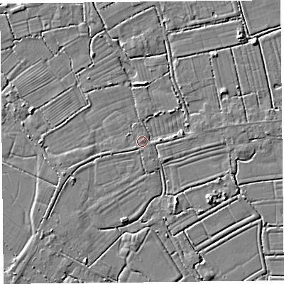 Shaded relief map of the ground around TA94LF, computed from Environment Agency LiDAR. The ground here sits at about 6 m above sea level and falls 4 m across the surrounding 800 m. Surface water reaching this point runs off ground lying to the east, 2.0 m higher.