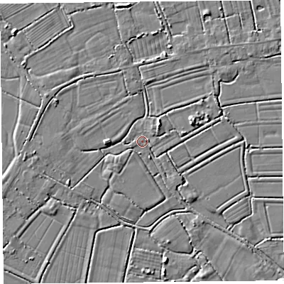 Shaded relief map of the ground around TA94LG, computed from Environment Agency LiDAR. The ground here sits at about 5 m above sea level and falls 3 m across the surrounding 800 m. Surface water reaching this point runs off ground lying to the west, 0.8 m higher.