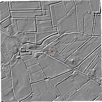 Shaded relief map of the ground around TA94LH, computed from Environment Agency LiDAR. The ground here sits at about 6 m above sea level and falls 3 m across the surrounding 800 m. Surface water reaching this point runs off ground lying to the south, 0.9 m higher.