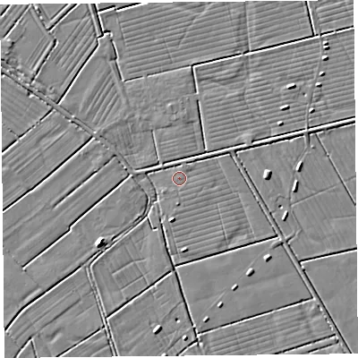 Shaded relief map of the ground around TA94LJ, computed from Environment Agency LiDAR. The ground here sits at about 5 m above sea level and falls 4 m across the surrounding 800 m. The ground contributing surface water to this point lies to the north-east.