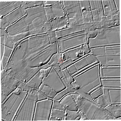 Shaded relief map of the ground around TA94LQ, computed from Environment Agency LiDAR. The ground here sits at about 6 m above sea level and falls 3 m across the surrounding 800 m. Surface water reaching this point runs off ground lying to the north-north-east, 2.5 m higher.