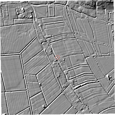 Shaded relief map of the ground around TA94LR, computed from Environment Agency LiDAR. The ground here sits at about 5 m above sea level and falls 8 m across the surrounding 800 m. Surface water reaching this point runs off ground lying to the south-south-west, 1.4 m higher.