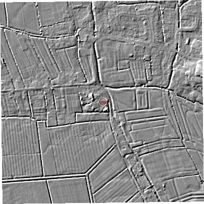 Shaded relief map of the ground around TA94LS, computed from Environment Agency LiDAR. The ground here sits at about 6 m above sea level and falls 7 m across the surrounding 800 m. Surface water reaching this point runs off ground lying to the west-north-west, 3.4 m higher.
