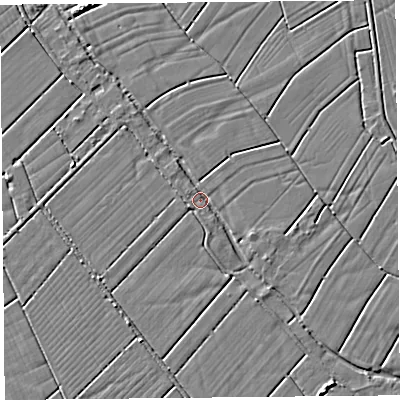 Shaded relief map of the ground around TA94LW, computed from Environment Agency LiDAR. The ground here sits at about 5 m above sea level and falls 3 m across the surrounding 800 m. Surface water reaching this point runs off ground lying to the south-south-west, 2.4 m higher.
