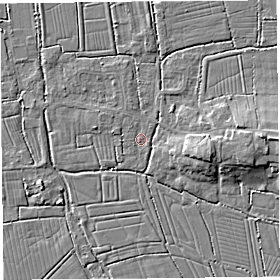 Shaded relief map of the ground around TA94ND, computed from Environment Agency LiDAR. The ground here sits at about 5 m above sea level and falls 9 m across the surrounding 800 m. Surface water reaching this point runs off ground lying to the west-north-west, 2.0 m higher.