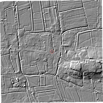 Shaded relief map of the ground around TA94NE, computed from Environment Agency LiDAR. The ground here sits at about 6 m above sea level and falls 9 m across the surrounding 800 m. Surface water reaching this point runs off ground lying to the east-south-east, 3.6 m higher.