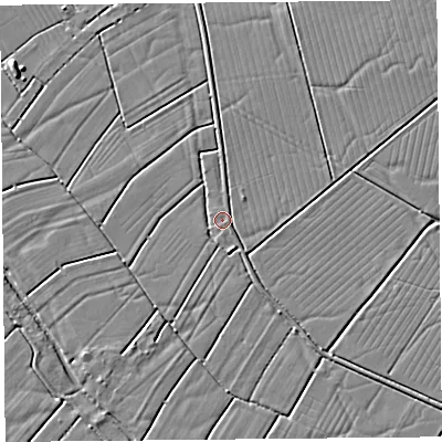 Shaded relief map of the ground around TA94NL, computed from Environment Agency LiDAR. The ground here sits at about 5 m above sea level and falls 3 m across the surrounding 800 m. Surface water reaching this point runs off ground lying to the east-south-east, 1.2 m higher.