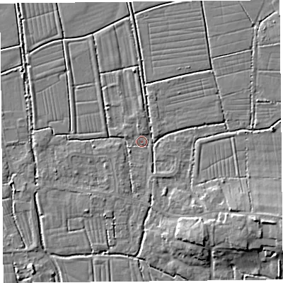 Shaded relief map of the ground around TA94NT, computed from Environment Agency LiDAR. The ground here sits at about 5 m above sea level and falls 9 m across the surrounding 800 m. Surface water reaching this point runs off ground lying to the south-east, 3.7 m higher.