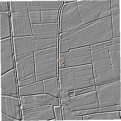 Shaded relief map of the ground around TA94NU, computed from Environment Agency LiDAR. The ground here sits at about 5 m above sea level and falls 2 m across the surrounding 800 m. Surface water reaching this point runs off ground lying to the south-west, 1.3 m higher.