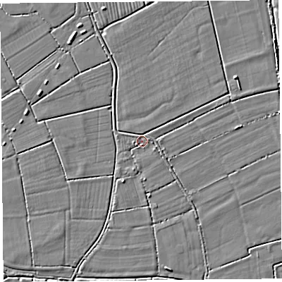 Shaded relief map of the ground around TA94NZ, computed from Environment Agency LiDAR. The ground here sits at about 5 m above sea level and falls 3 m across the surrounding 800 m. Surface water reaching this point runs off ground lying to the west-north-west, 1.4 m higher.