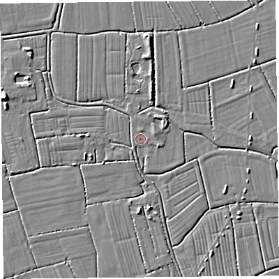 Shaded relief map of the ground around TA94PA, computed from Environment Agency LiDAR. The ground here sits at about 6 m above sea level and falls 5 m across the surrounding 800 m. Surface water reaching this point runs off ground lying to the east-north-east, 2.1 m higher.