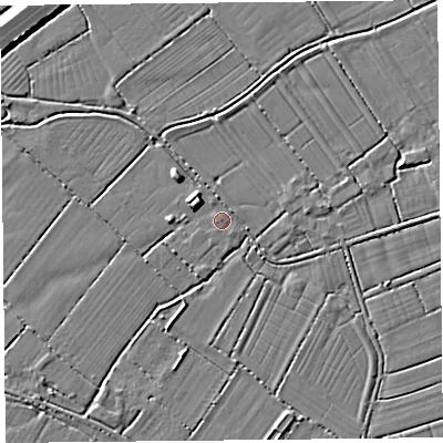 Shaded relief map of the ground around TA94PE, computed from Environment Agency LiDAR. The ground here sits at about 6 m above sea level and falls 5 m across the surrounding 800 m. Surface water reaching this point runs off ground lying to the east-north-east, 1.2 m higher.