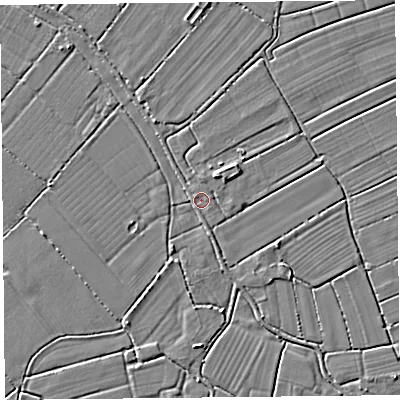 Shaded relief map of the ground around TA94PF, computed from Environment Agency LiDAR. The ground here sits at about 5 m above sea level and falls 3 m across the surrounding 800 m. Surface water reaching this point runs off ground lying to the north-north-west, 1.9 m higher.
