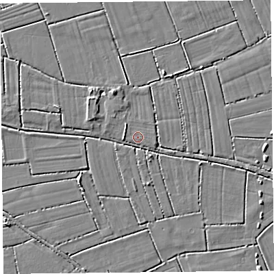 Shaded relief map of the ground around TA94PG, computed from Environment Agency LiDAR. The ground here sits at about 5 m above sea level and falls 4 m across the surrounding 800 m. The ground contributing surface water to this point lies to the east-south-east.