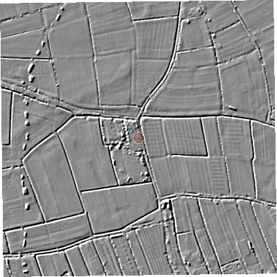 Shaded relief map of the ground around TA94PQ, computed from Environment Agency LiDAR. The ground here sits at about 6 m above sea level and falls 4 m across the surrounding 800 m. Surface water reaching this point runs off ground lying to the north-west, 1.4 m higher.