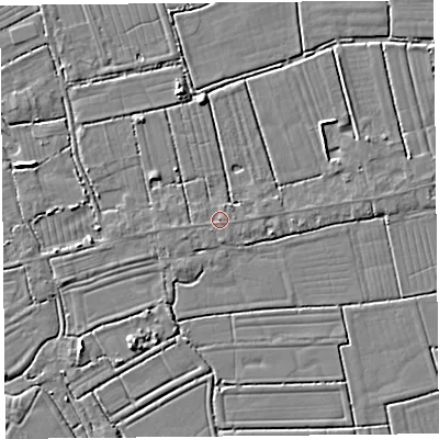 Shaded relief map of the ground around TA94PT, computed from Environment Agency LiDAR. The ground here sits at about 6 m above sea level and falls 4 m across the surrounding 800 m. The ground contributing surface water to this point lies to the north-north-east.