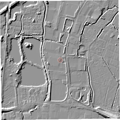 Shaded relief map of the ground around TA94PW, computed from Environment Agency LiDAR. The ground here sits at about 6 m above sea level and falls 10 m across the surrounding 800 m. Surface water reaching this point runs off ground lying to the east-north-east, 1.3 m higher.
