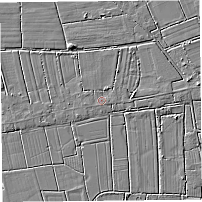 Shaded relief map of the ground around TA94QB, computed from Environment Agency LiDAR. The ground here sits at about 6 m above sea level and falls 4 m across the surrounding 800 m. Surface water reaching this point runs off ground lying to the north-north-east, 2.1 m higher.
