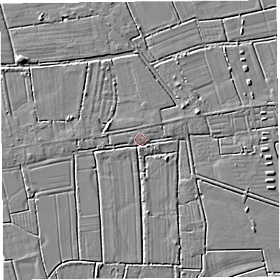 Shaded relief map of the ground around TA94QD, computed from Environment Agency LiDAR. The ground here sits at about 6 m above sea level and falls 4 m across the surrounding 800 m. Surface water reaching this point runs off ground lying to the south-east, 2.7 m higher.