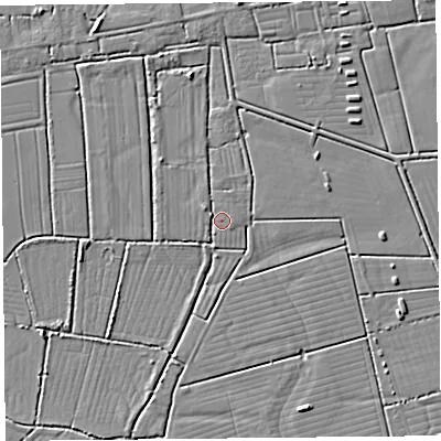 Shaded relief map of the ground around TA94QE, computed from Environment Agency LiDAR. The ground here sits at about 5 m above sea level and falls 3 m across the surrounding 800 m. Surface water reaching this point runs off ground lying to the west-north-west, 2.0 m higher.