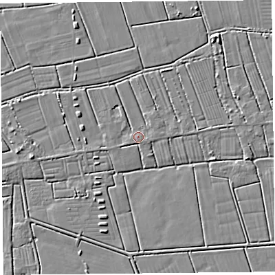 Shaded relief map of the ground around TA94QF, computed from Environment Agency LiDAR. The ground here sits at about 6 m above sea level and falls 4 m across the surrounding 800 m. Surface water reaching this point runs off ground lying to the south-east, 0.7 m higher.