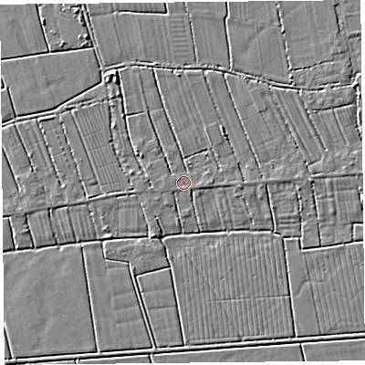 Shaded relief map of the ground around TA94QH, computed from Environment Agency LiDAR. The ground here sits at about 5 m above sea level and falls 4 m across the surrounding 800 m. Surface water reaching this point runs off ground lying to the west, 1.0 m higher.