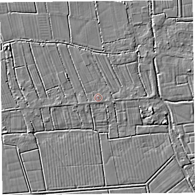 Shaded relief map of the ground around TA94QJ, computed from Environment Agency LiDAR. The ground here sits at about 6 m above sea level and falls 4 m across the surrounding 800 m. Surface water reaching this point runs off ground lying to the east, 0.8 m higher.